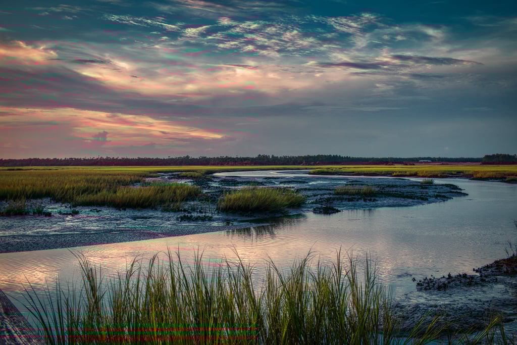 “A Gentle End” captures the serene beauty of coastal Brunswick County’s salt marsh ecosystem at twilight . Photographed along Oak Island’s extensive marshlands, this image reveals the delicate transition between day and night as pastel clouds stretch across a moody blue sky . Golden marsh grasses emerge from shallow tidal waters, creating natural islands that shift with each tide cycle. In the foreground, sharp green spartina blades frame the composition, while the wetlands extend toward a distant tree line on the horizon.
This photograph showcases the complex coastal ecosystem where freshwater wetlands meet salt marshes—a vital habitat for wading birds, fiddler crabs, and countless marine species . The calm waters mirror the soft peachy tones of the fading light, creating a moment of perfect stillness. Both ends of Oak Island feature these remarkable marshlands, where waterways like Davis Canal and Montgomery Slough drain into the Lockwood Folly River .
The title reflects not just the gentle close of another coastal day, but the quiet rhythm of tidal life—the perpetual ebb and flow that defines this barrier island landscape. This is where land and water blur, where the intracoastal waterway system creates a sanctuary of tranquility, and where nature’s most subtle moments reveal extraordinary beauty